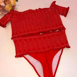 Red Smocked Bikini Bardot Bikini Set Size XL off the shoulder midrif bikini red
